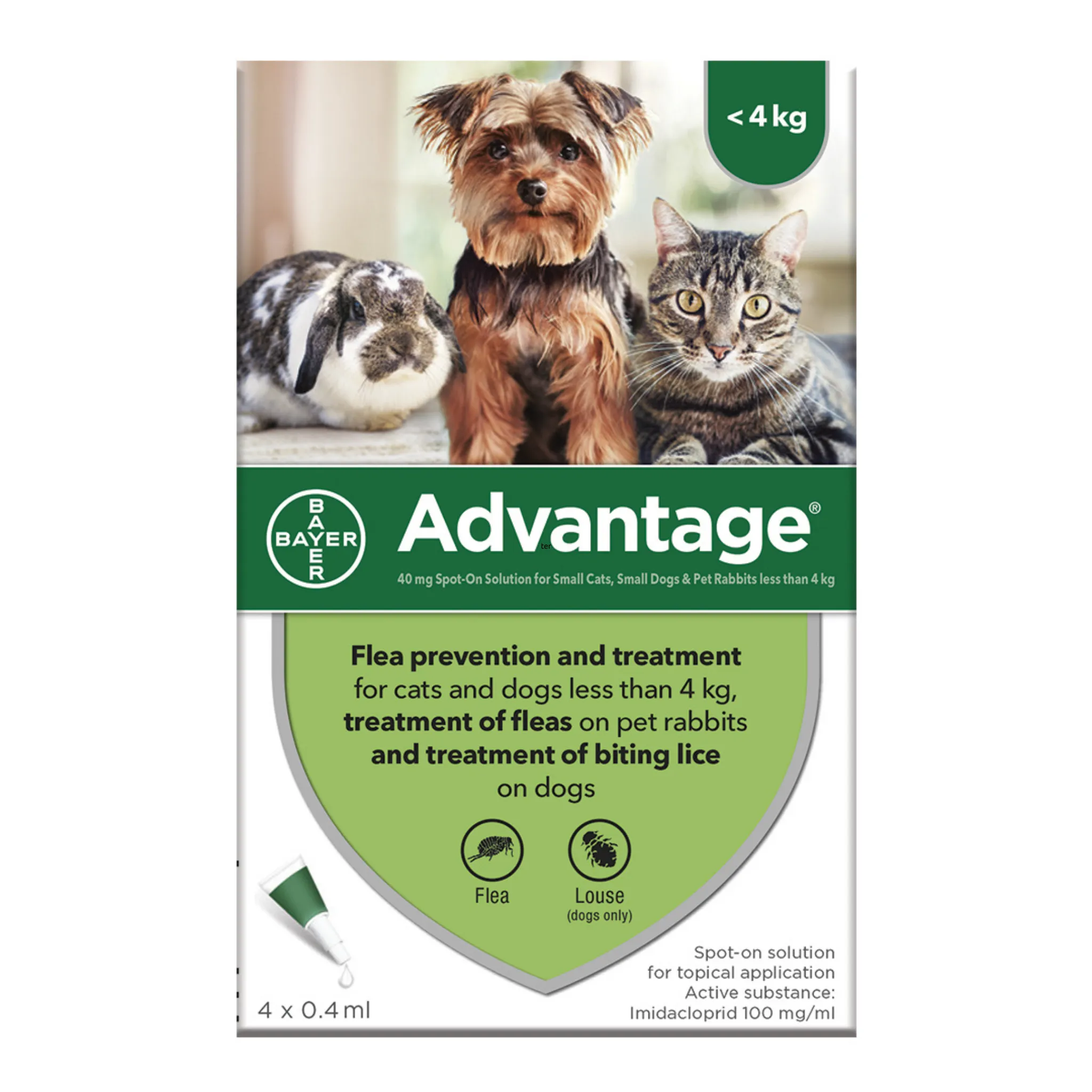 Advantage 40, 4 Week Spot-On Flea Treatment For Small Cats, Dogs and Rabbits Up to 3.99kg - 4 Pipettes
