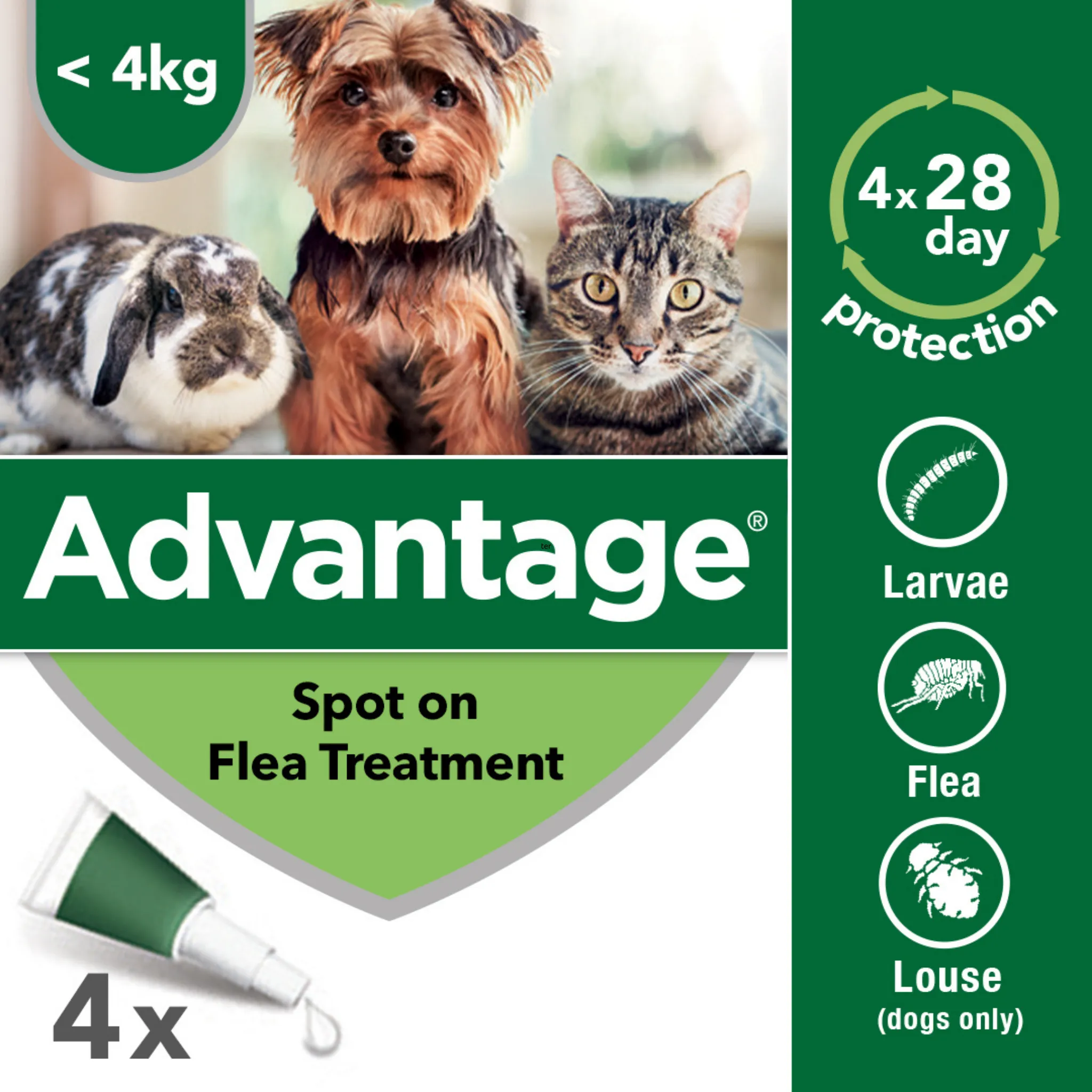 Advantage 40, 4 Week Spot-On Flea Treatment For Small Cats, Dogs and Rabbits Up to 3.99kg - 4 Pipettes