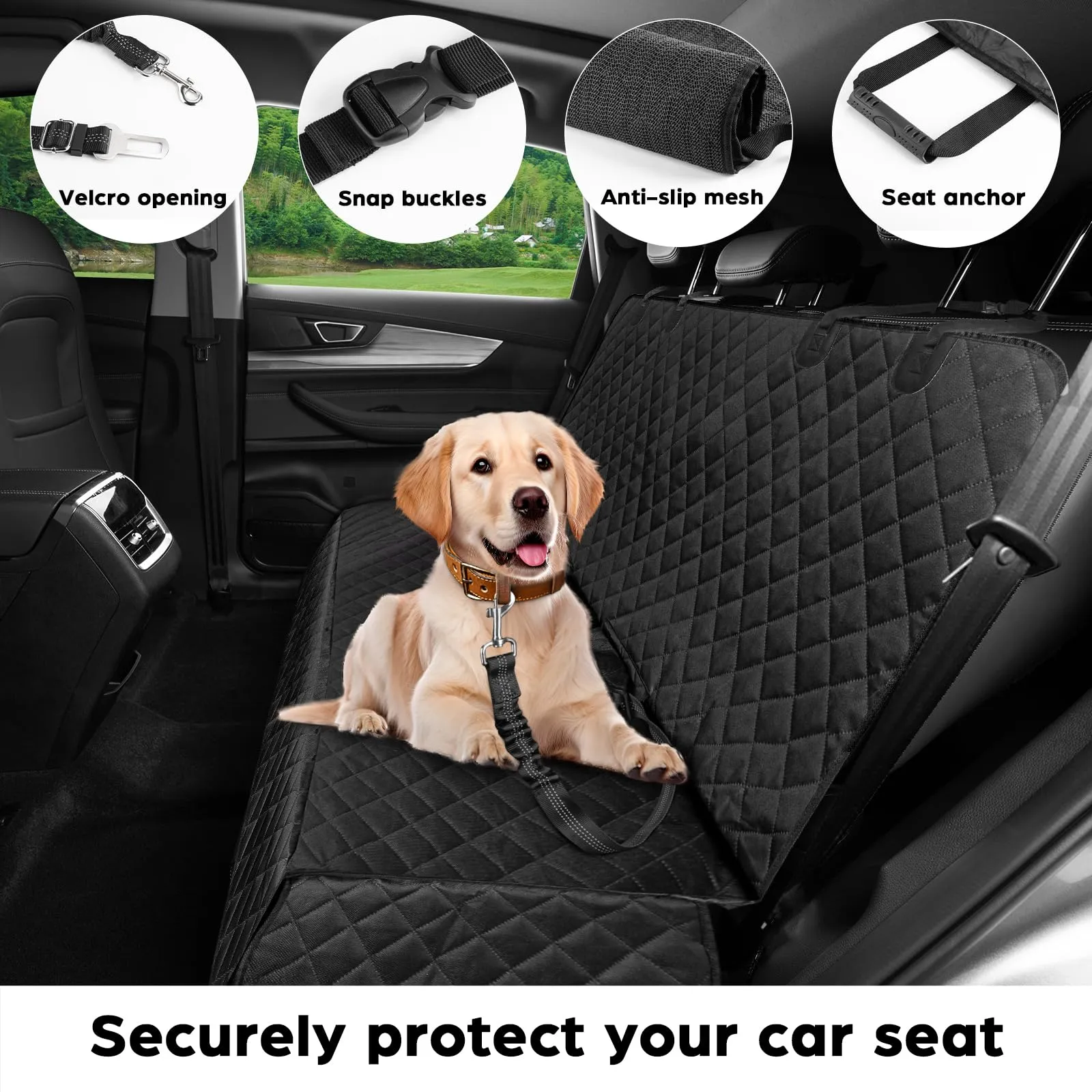 fidozen Waterproof Dog Car Seat Cover with Belt for Back Seat - Washable Pet Protector Accessories for Cars, Trucks, SUVs, and Bench Seats - Auto Backseat Hammock for Small & Large Dogs