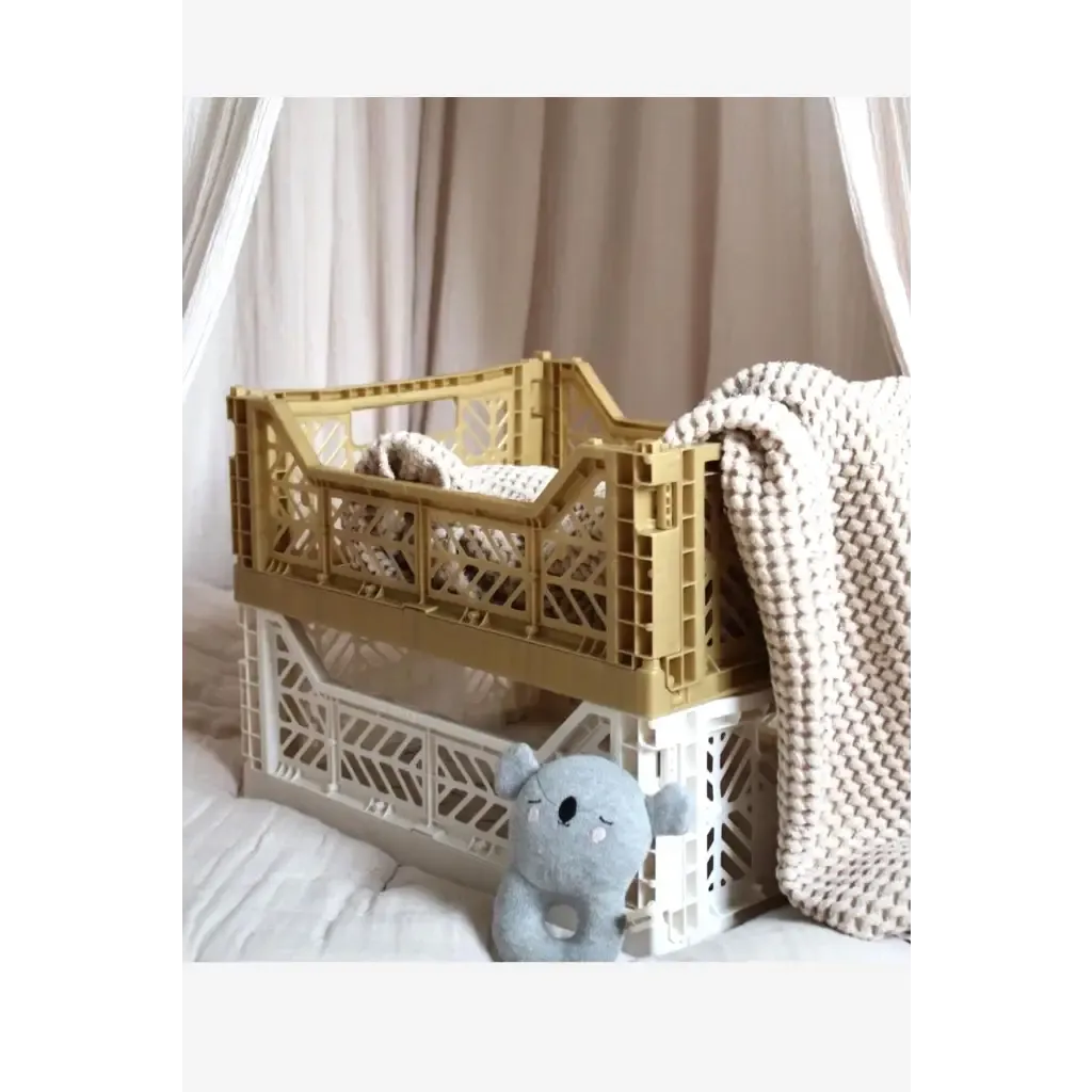 Foldable Storage Bins, Plastic Crate for Storage, Collapsible Crate, Utility Stackable Box Medium Gold