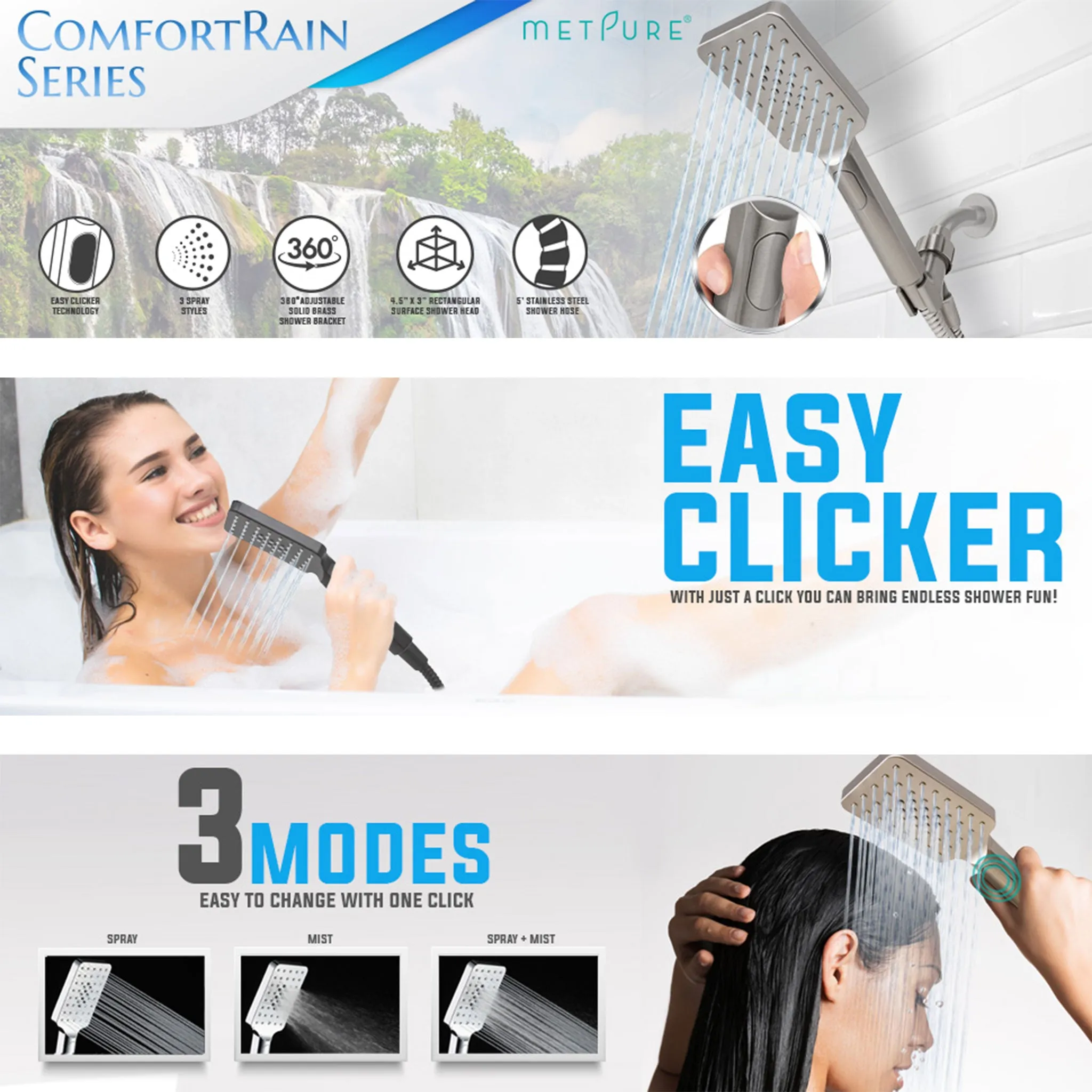 [FREE] Metpure High-Pressure Handheld Shower Head with Easy Clicker for Multiple Sprays. Low Profile Lightweight Rectangular Shower Head. Stainless Steel Hose & Adjustable Mount Holder. Matte Black Finish