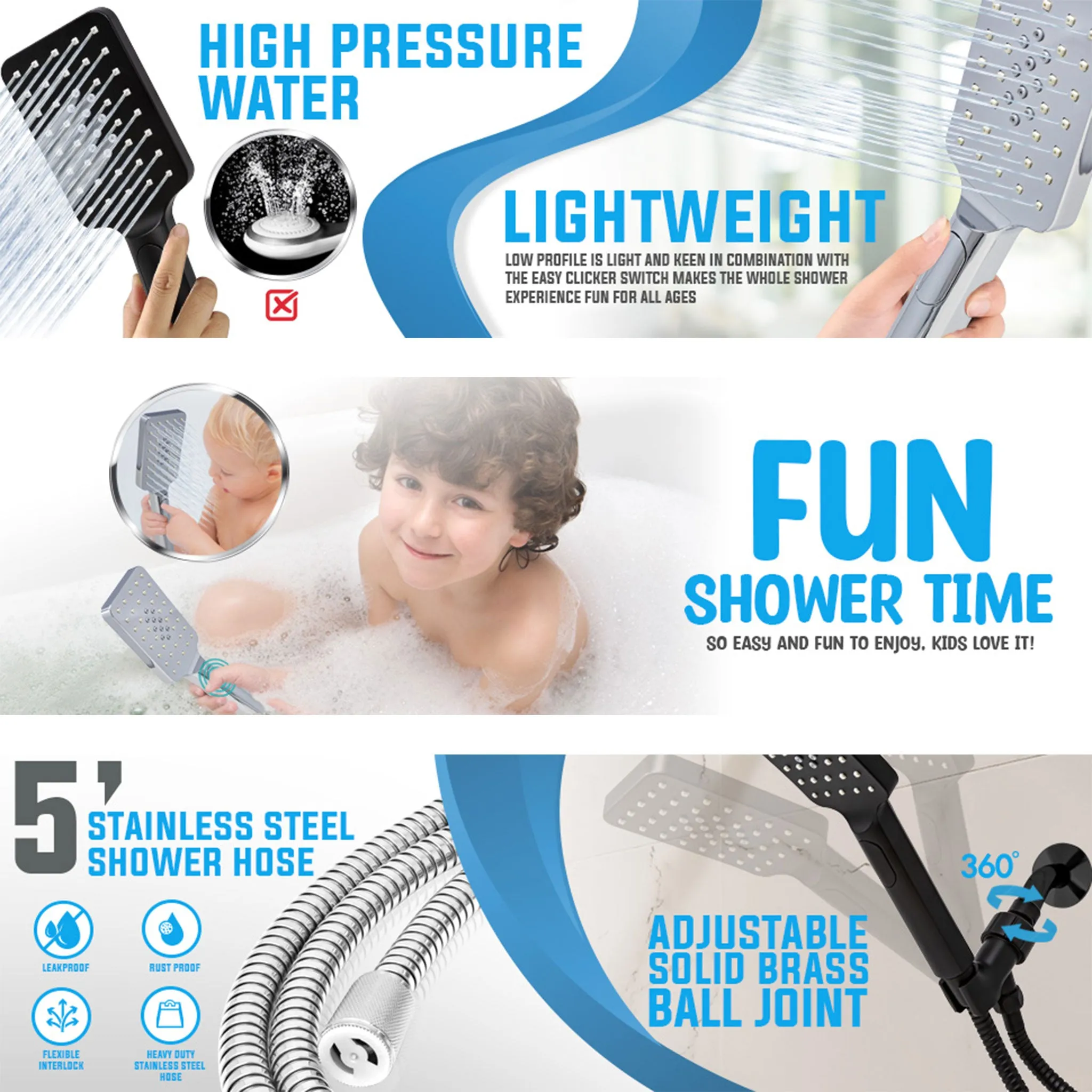 [FREE] Metpure High-Pressure Handheld Shower Head with Easy Clicker for Multiple Sprays. Low Profile Lightweight Rectangular Shower Head. Stainless Steel Hose & Adjustable Mount Holder. Matte Black Finish