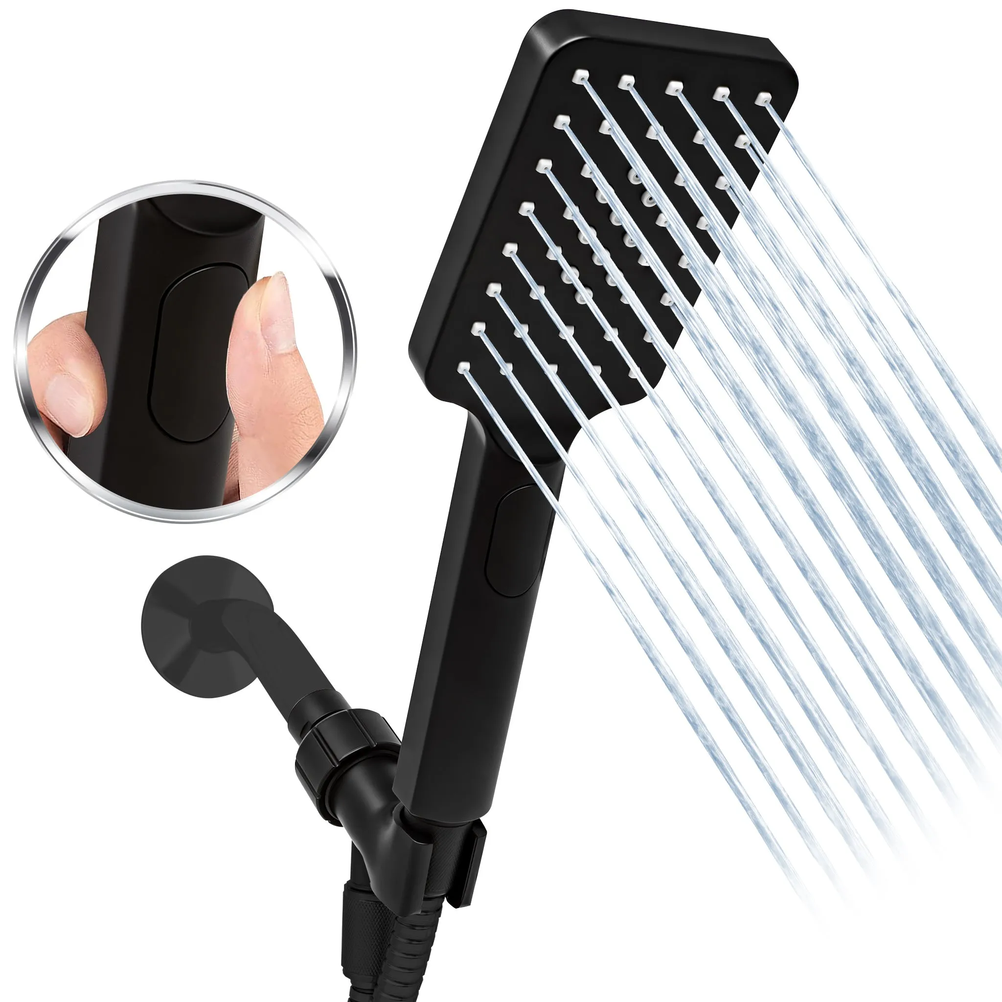 [FREE] Metpure High-Pressure Handheld Shower Head with Easy Clicker for Multiple Sprays. Low Profile Lightweight Rectangular Shower Head. Stainless Steel Hose & Adjustable Mount Holder. Matte Black Finish