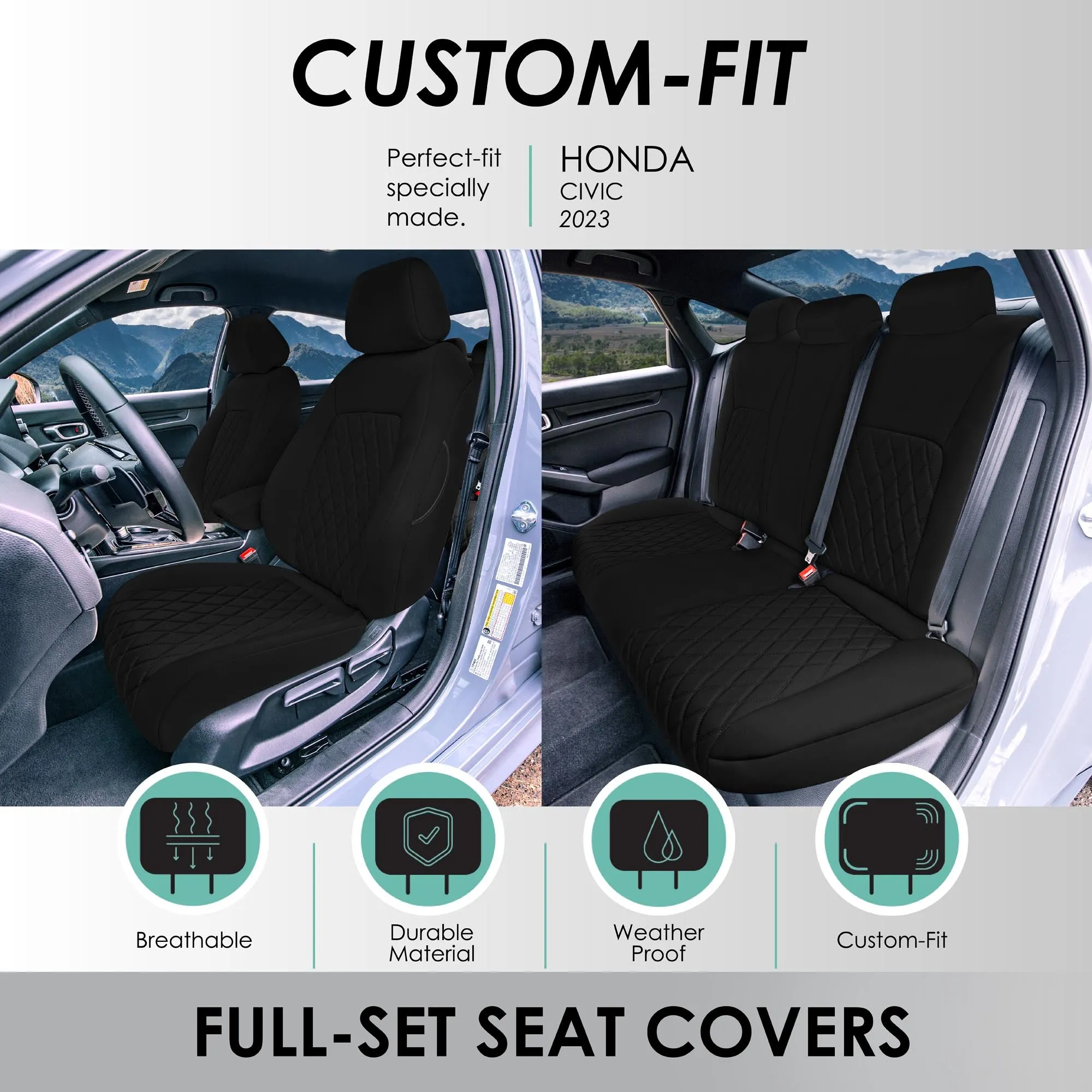Honda Civic 2016 - 2025 Sedan Full Set Seat Covers (Solid Rear) - Black Ultraflex Neoprene